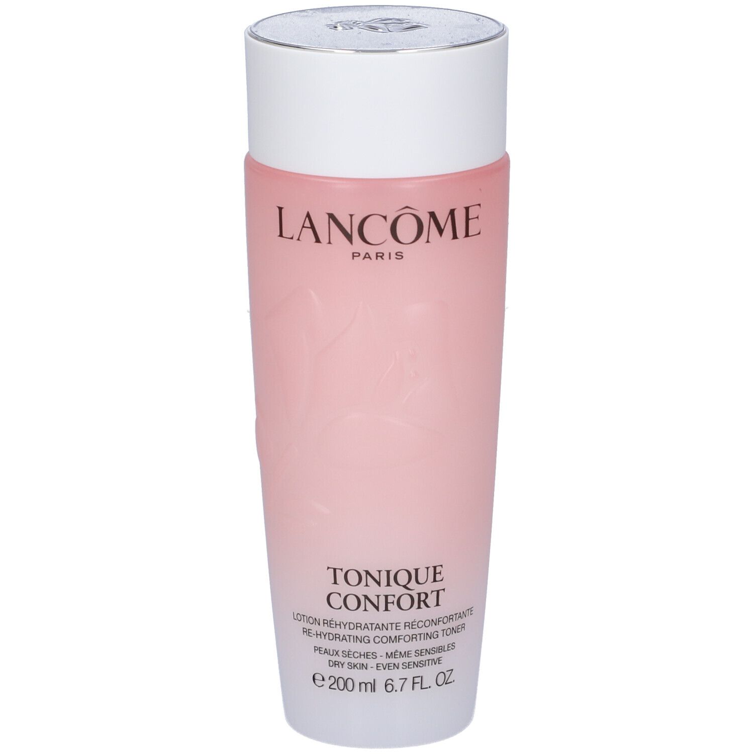 Lancôme Tonique Confort: flacone con sfumatura rosa, tappo bianco e motivo floreale. Etichetta visibile.