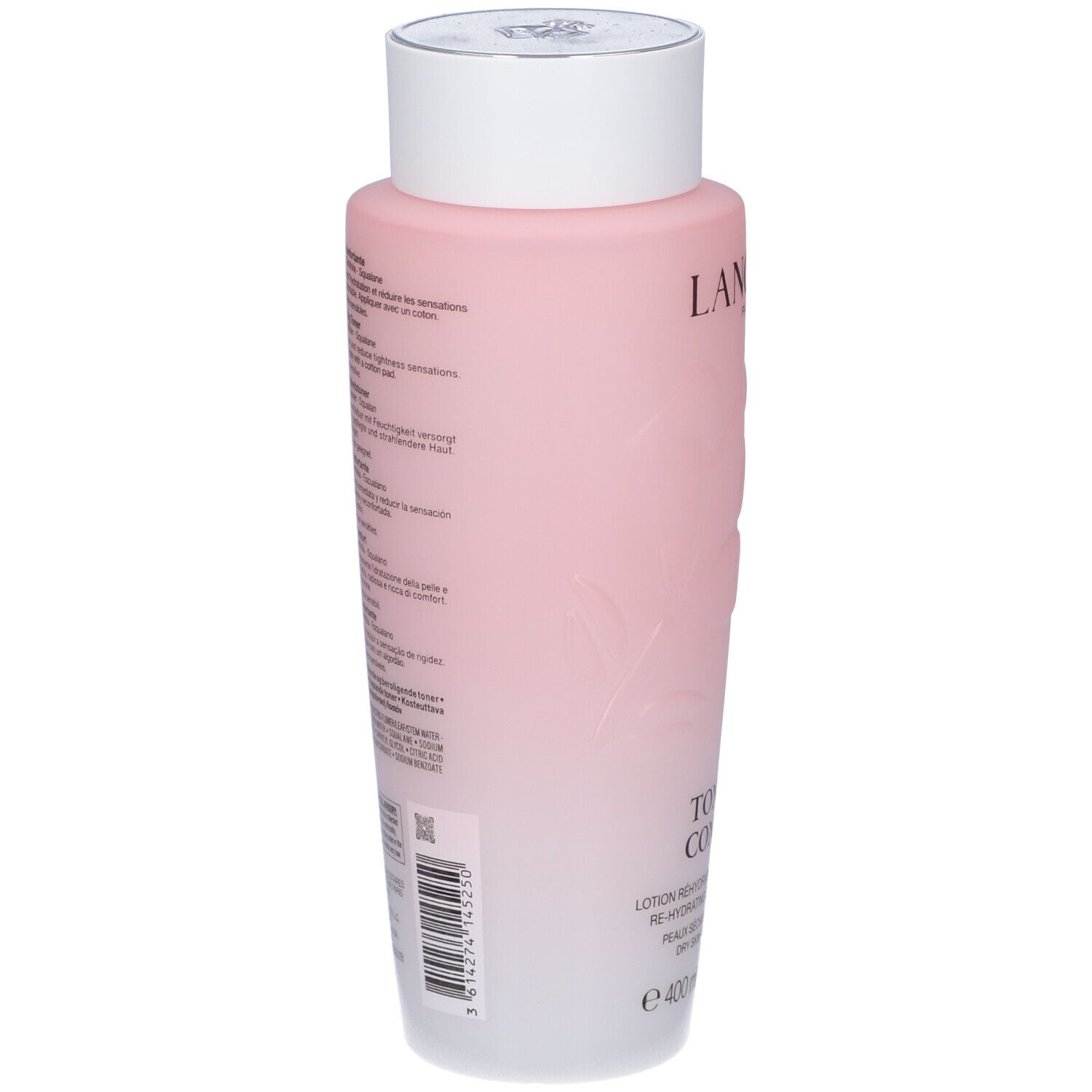 Lancôme Tonique Confort: retro del flacone rosa con informazioni sul prodotto e codice a barre.
