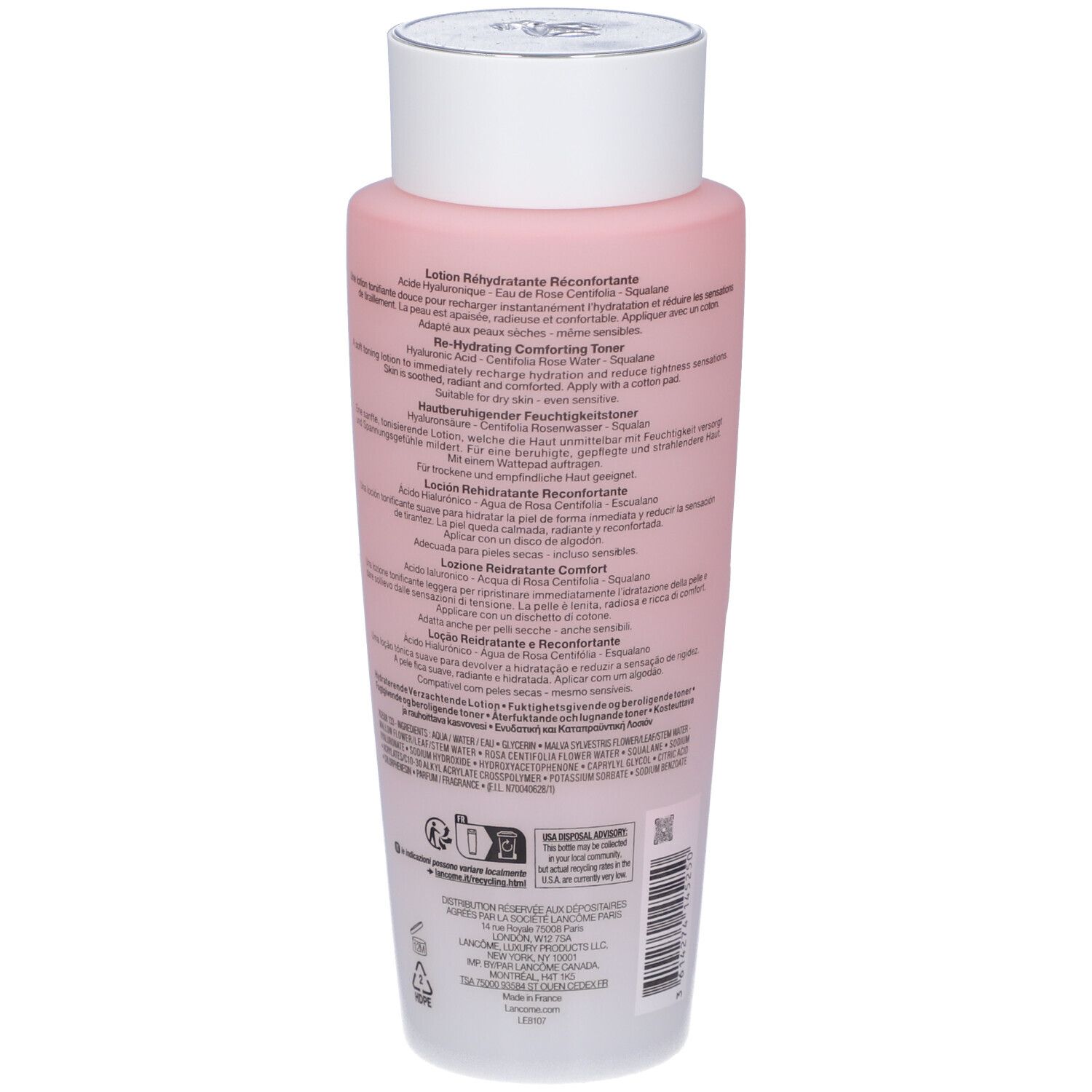 Lancôme Tonique Confort: retro del flacone rosa con descrizioni prodotto multilingue.