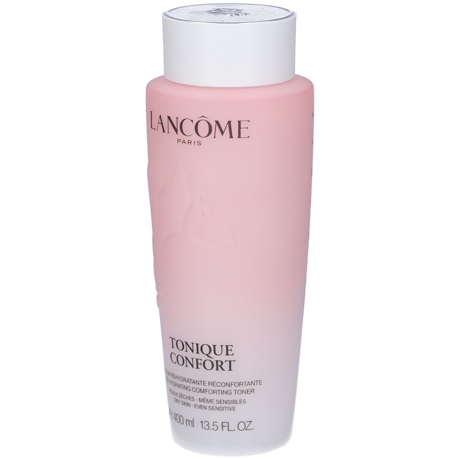 Lancôme Tonique Confort: flacone rosa con tappo bianco, delicata stampa a foglia.