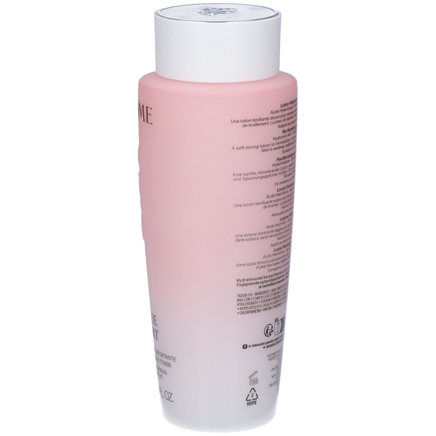 Lancôme Tonique Confort: retro del flacone rosa con descrizioni prodotto multilingue.