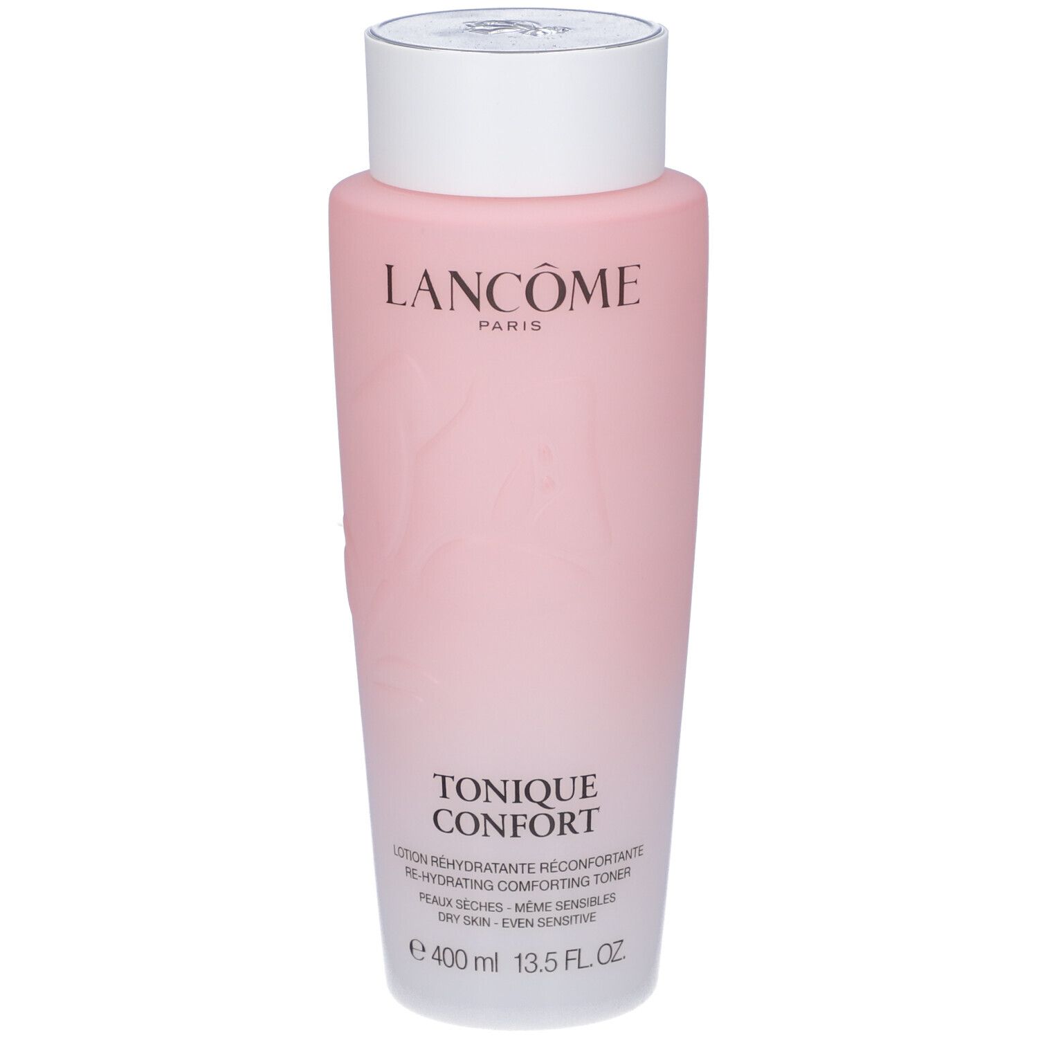 Lancôme Tonique Confort: flacone rosa con tappo bianco, delicata stampa a foglia.