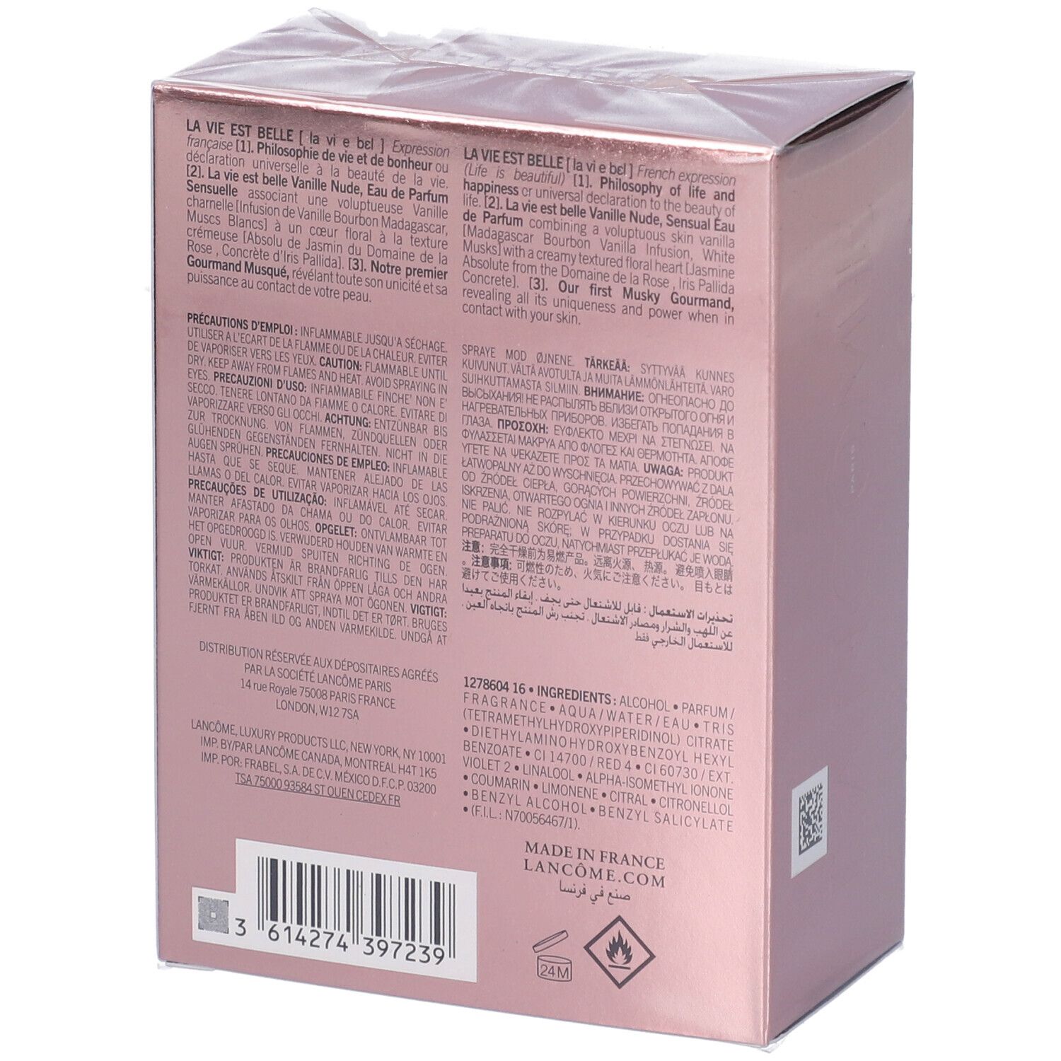 Lancôme La Vie Est Belle Vanille Nude Eau de Parfum 30ml confezione, retro con dettagli.