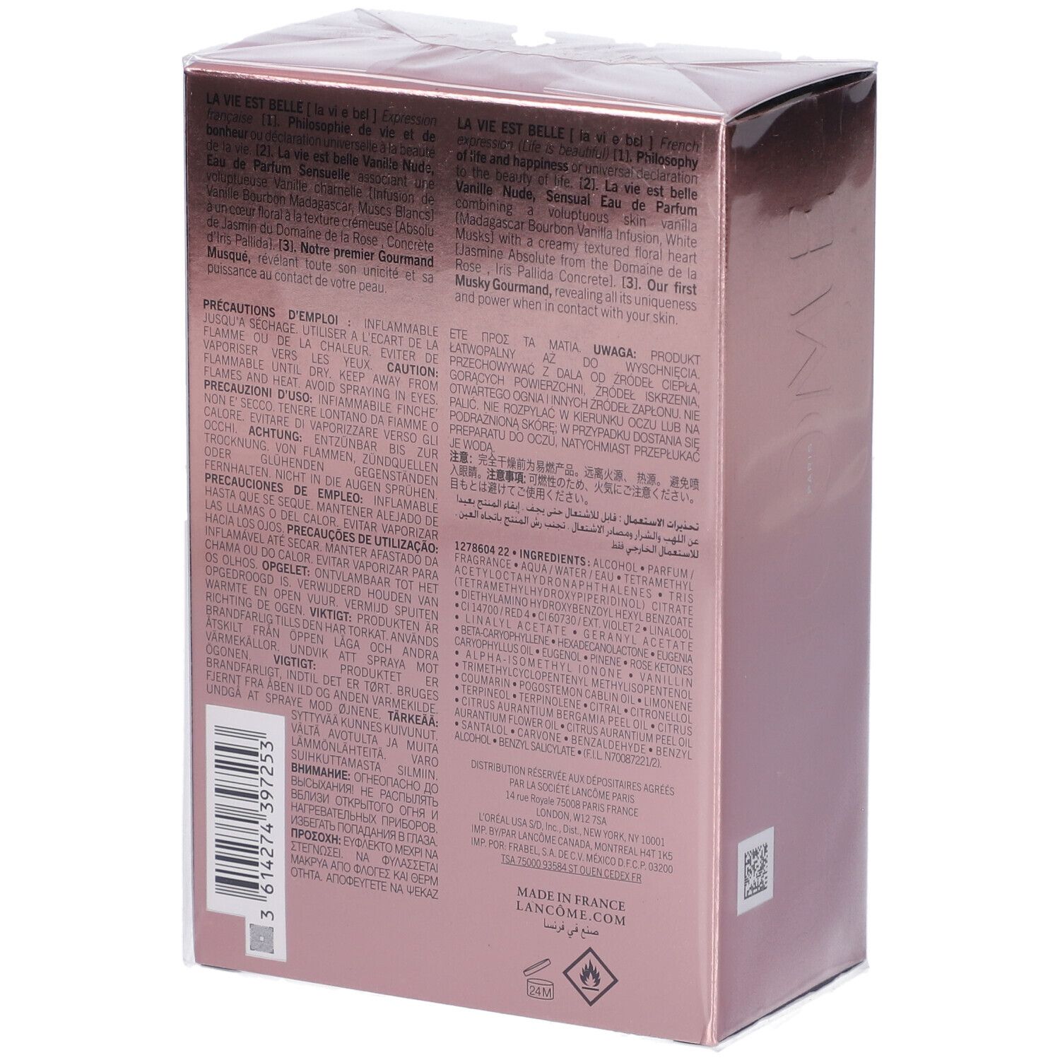 Lancôme La Vie Est Belle Vanille Nude Eau de Parfum 100ml confezione esterna, retro con testo.