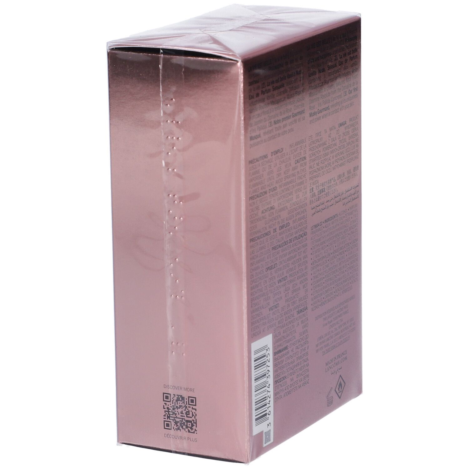 Lancôme La Vie Est Belle Vanille Nude Eau de Parfum 100ml confezione esterna, lato con QR-code.
