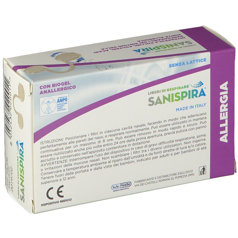 Retro di una confezione di filtri nasali Sanispira Allergia. Contiene istruzioni e marcatura CE.