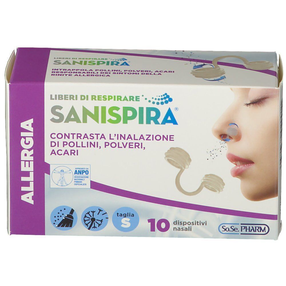 Fronte della confezione Sanispira Allergia Taglia S filtri nasali. Mostra i filtri in uso e 10 pezzi.