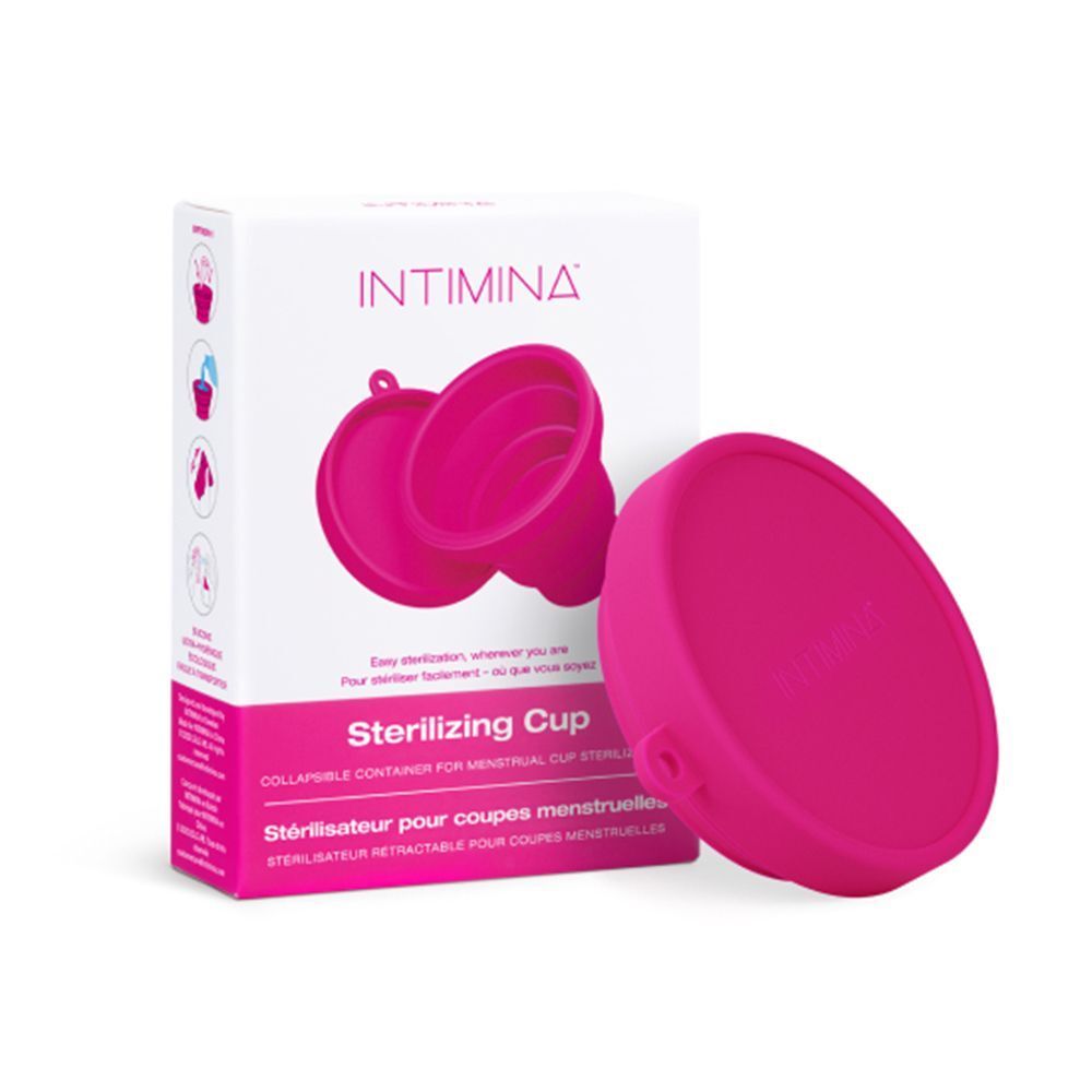 Coppetta sterilizzatrice Intimina, rosa, pieghevole, con confezione.