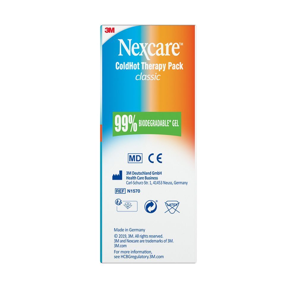 Retro della confezione Nexcare ColdHot Classic Therapy Pack con marchio CE.