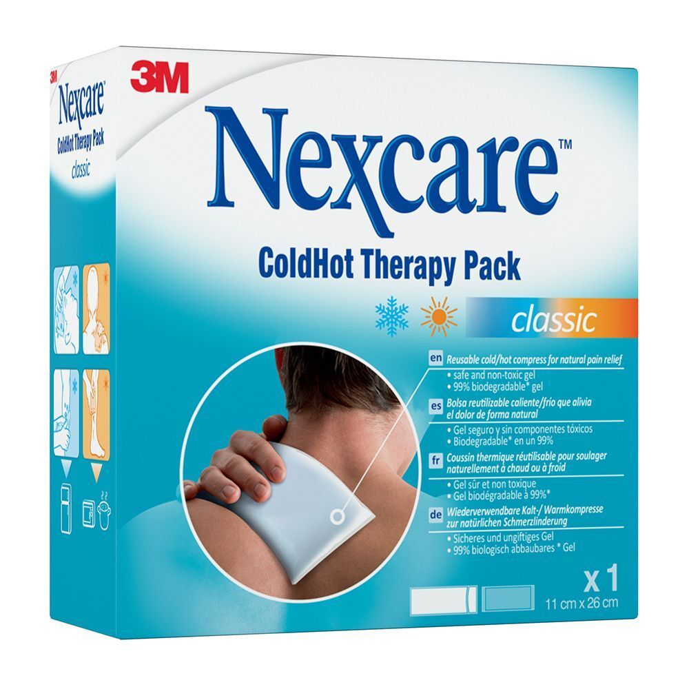 Confezione Nexcare ColdHot Classic Therapy Pack con istruzioni per l'uso.
