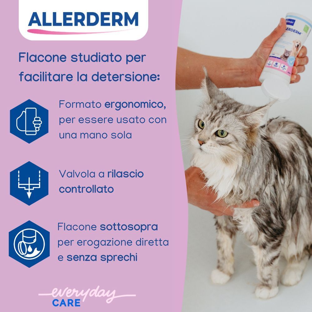 Flacone di shampoo Virbac Allerderm tenuto da una mano che lava un gatto.