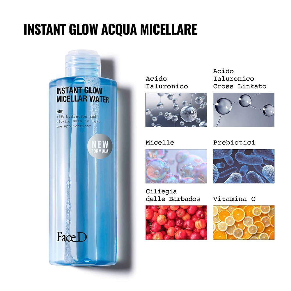 FaceD Instant Glow Acqua Micellare con Acido Ialuronico, Micelle, Prebiotici e Vitamina C.
