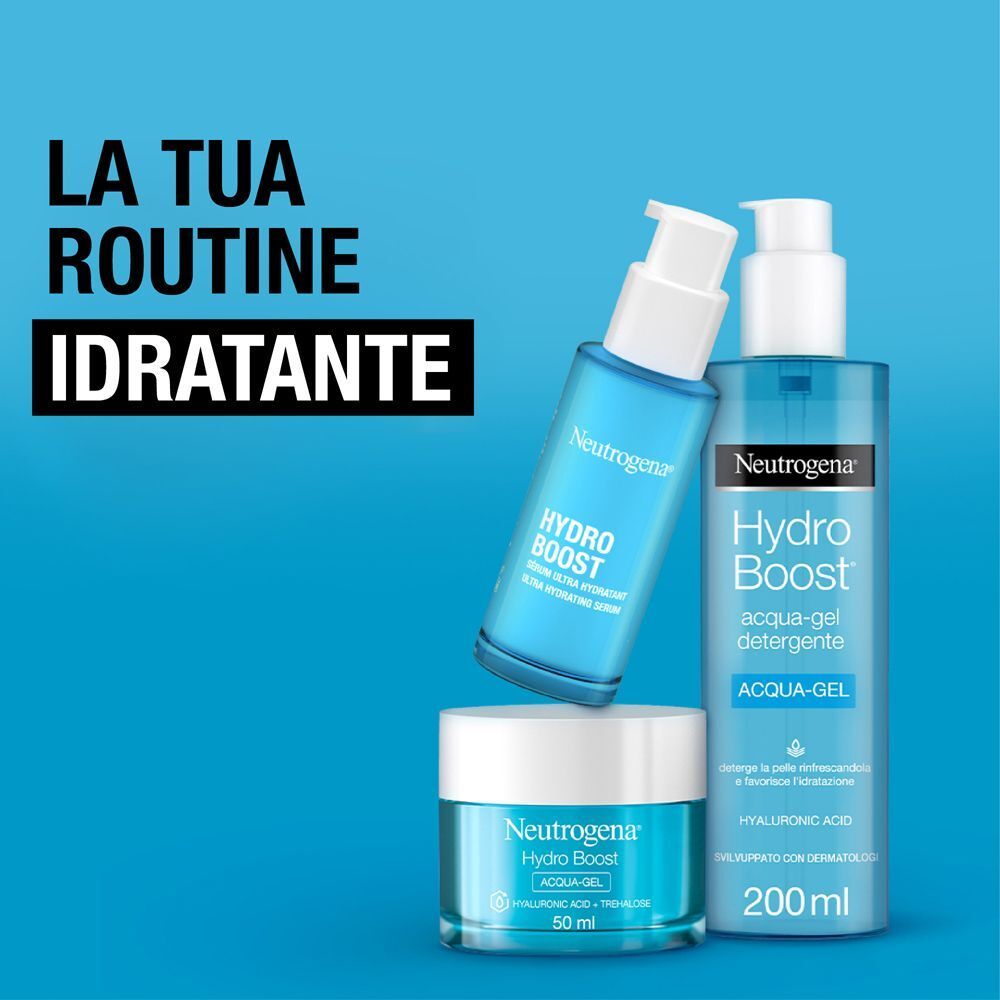 Prodotti Neutrogena Hydro Boost: siero, detergente acqua-gel e crema idratante.