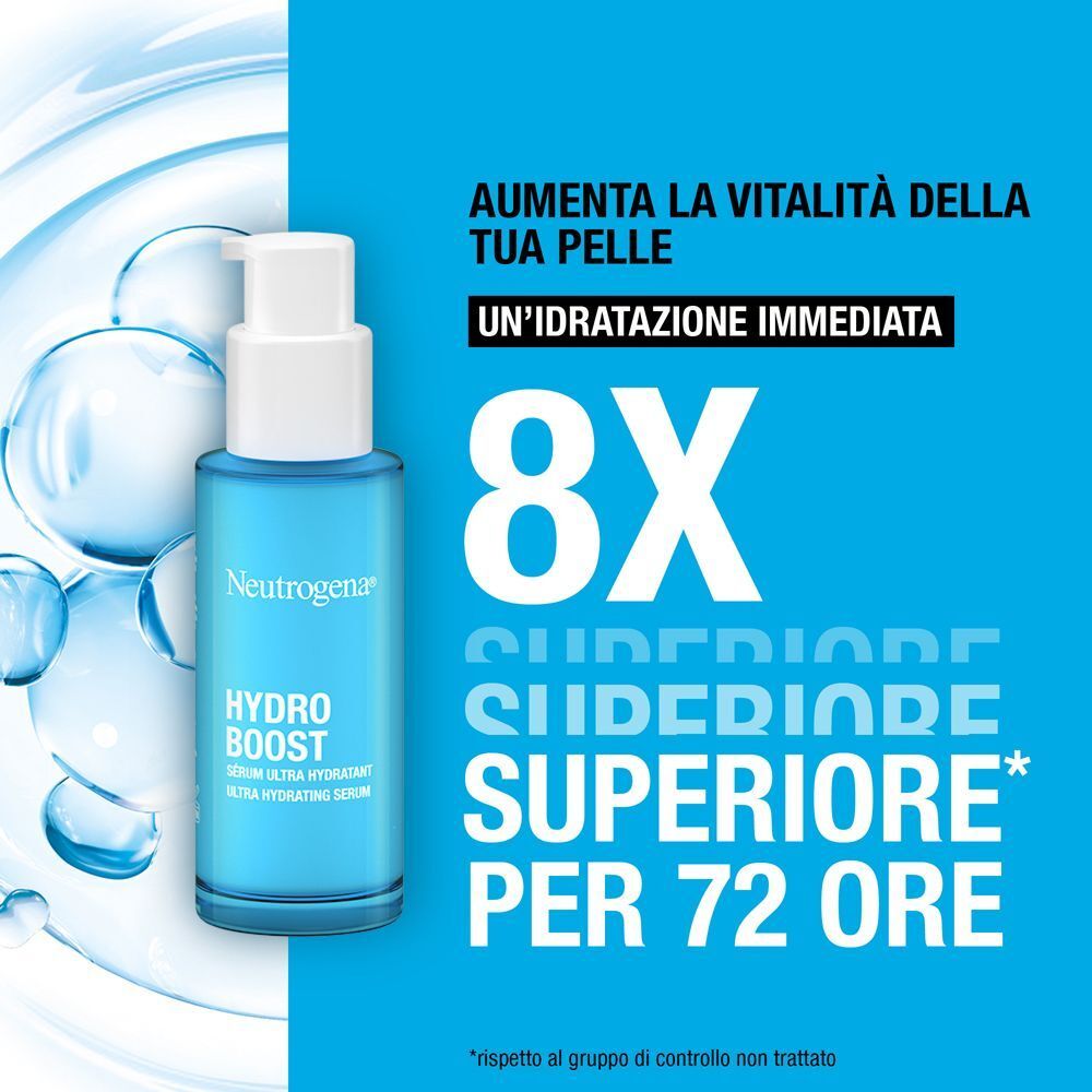 Flacone di siero Neutrogena Hydro Boost con erogatore, 8x più idratazione per 72 ore.