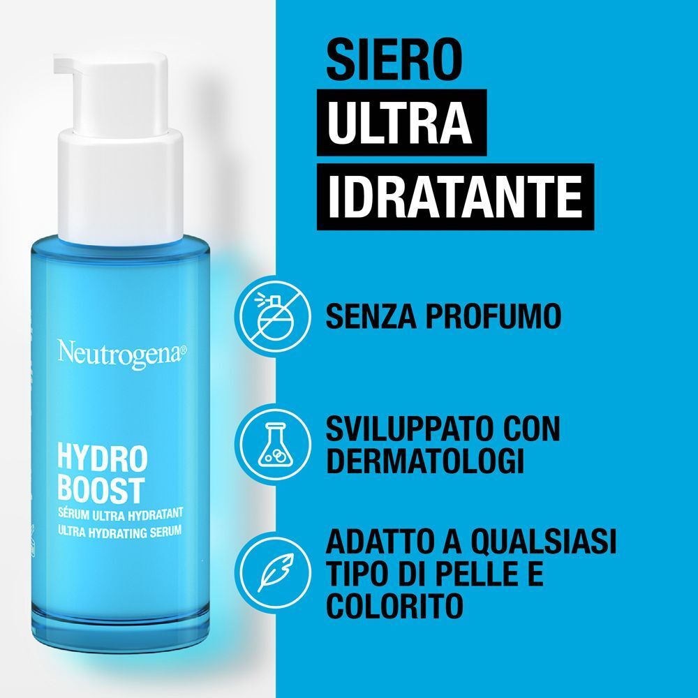 Siero Ultra Idratante Neutrogena Hydro Boost, senza profumo, sviluppato con dermatologi.