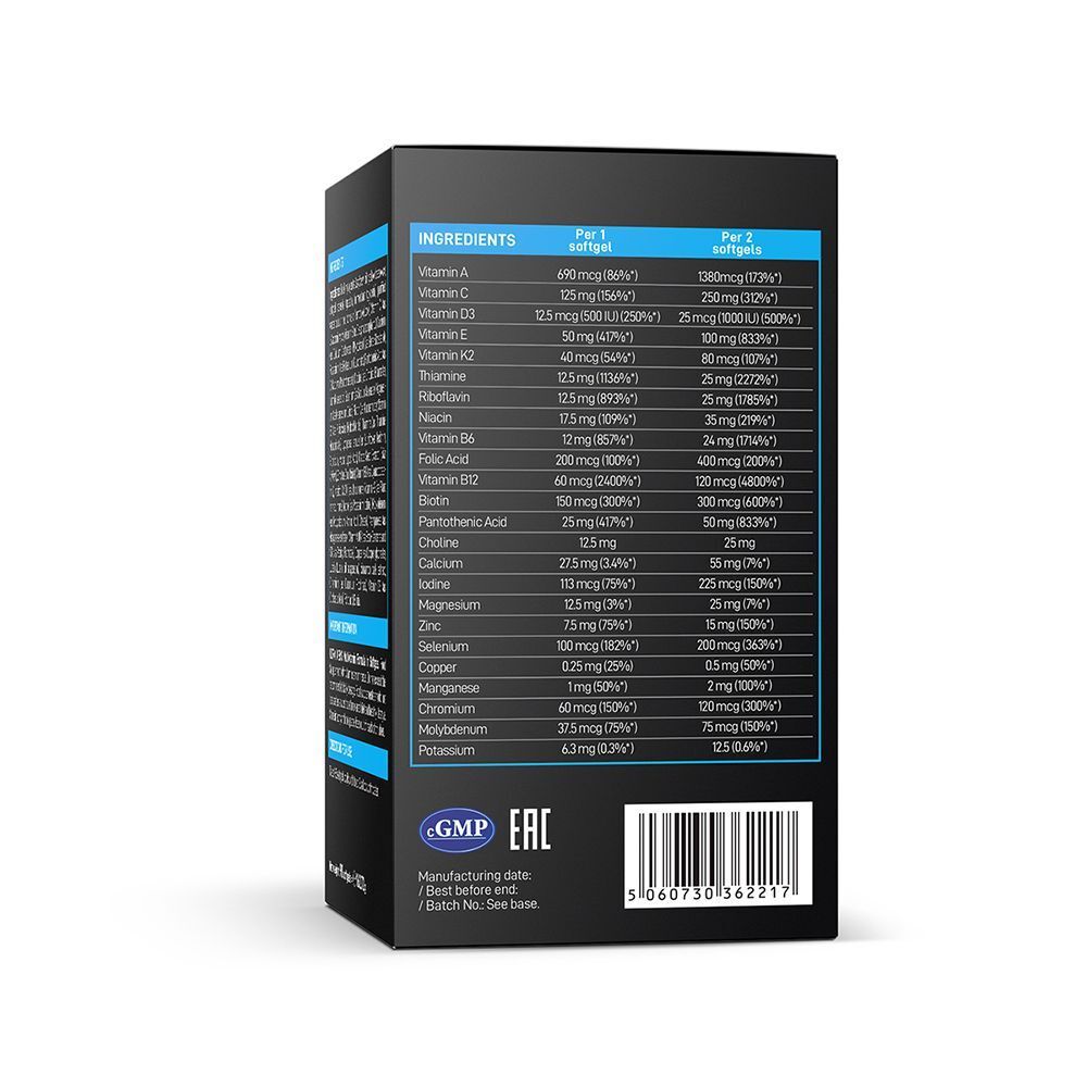 Vista laterale di una scatola VPLAB Ultra Men's Multivitamin Formula con ingredienti e informazioni nutrizionali.