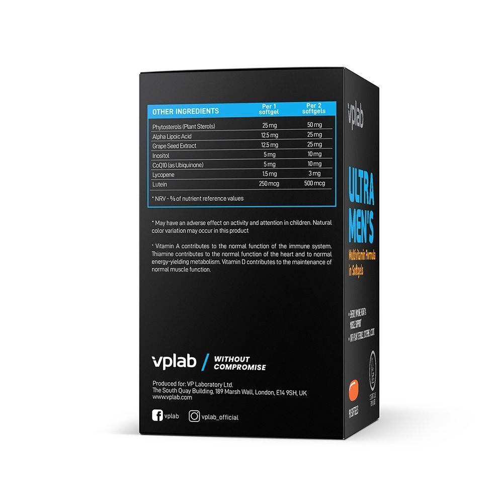 Retro di una confezione di VPLAB Ultra Men's Multivitamin Formula con elenco degli ingredienti e informazioni nutrizionali.