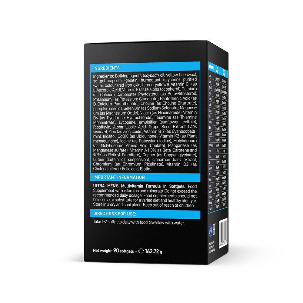 Lato di una confezione di VPLAB Ultra Men's Multivitamin Formula con elenco completo degli ingredienti e istruzioni per l'uso.