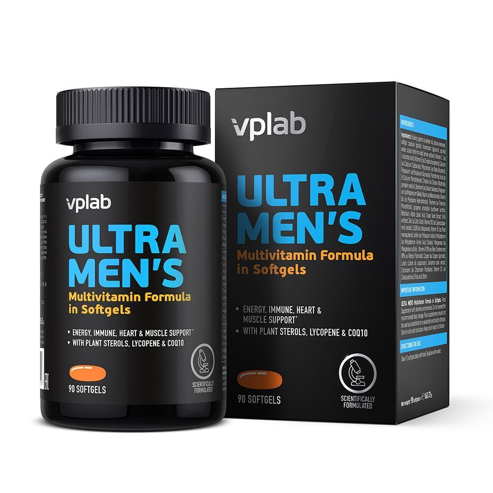 Una bottiglia di VPLAB Ultra Men's Multivitamin Formula in Softgels accanto a una confezione aperta.