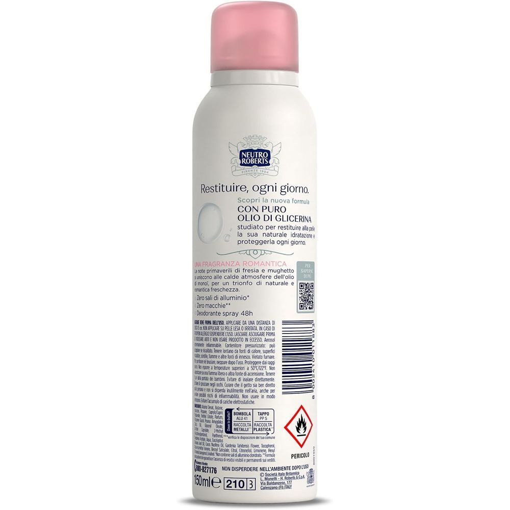 Retro della bomboletta Neutro Roberts Deo Fresco Spray Rosa con informazioni sul prodotto.