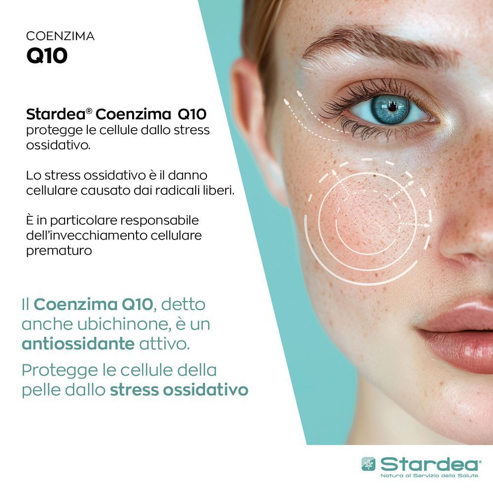 Primo piano di un viso femminile che mostra l'effetto protettivo del Coenzima Q10 Stardea sulle cellule cutanee.