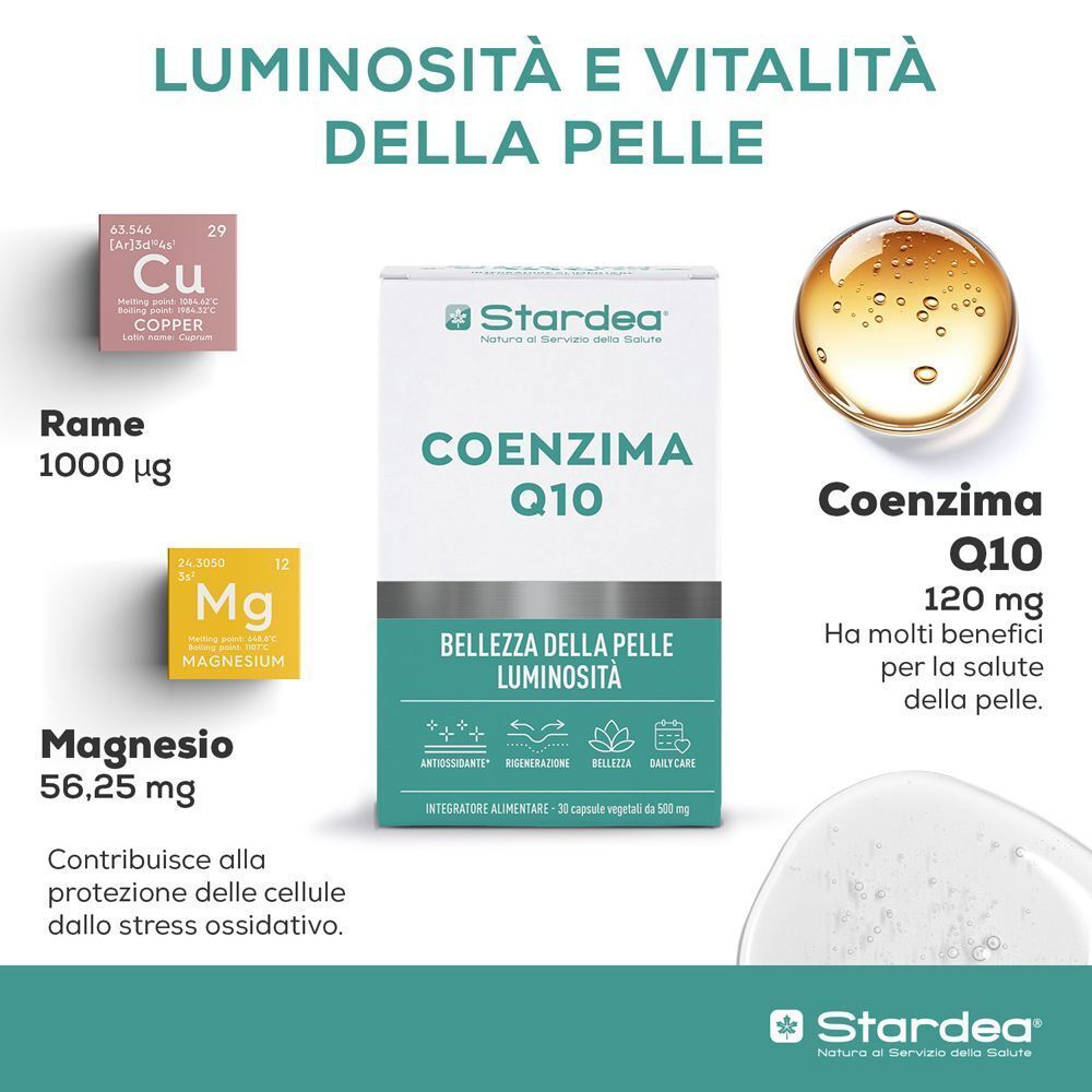 Confezione Stardea Coenzima Q10 con rame e magnesio, che evidenziano i benefici per la pelle.