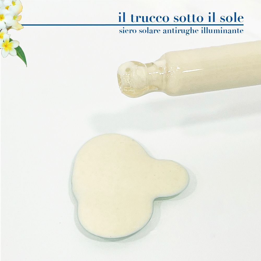 Contagocce con siero sopra una goccia di siero solare SPF 50+ su sfondo bianco.