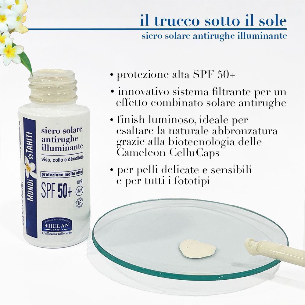 Flacone bianco con contagocce e campione di prodotto su piastra di vetro, siero solare SPF 50+.