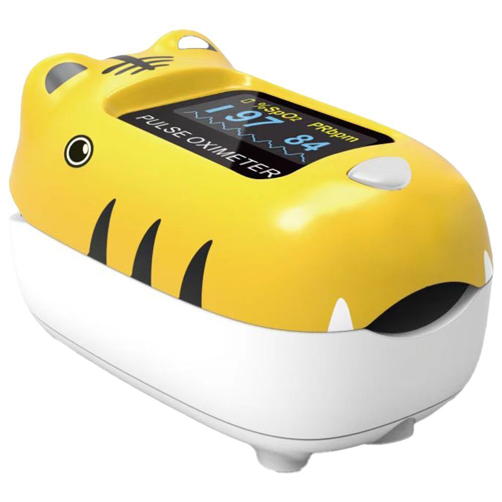 Pulsossimetro giallo a forma di tigre con base bianca e display che mostra valori.