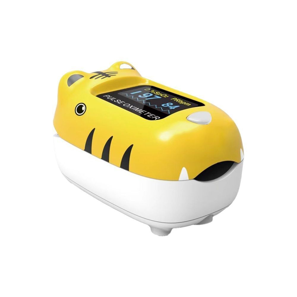 Pulsossimetro giallo a forma di tigre con base bianca, vista laterale.