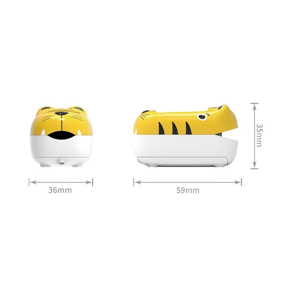 Pulsossimetro a forma di tigre: vista frontale (36mm) e laterale (59x35mm).