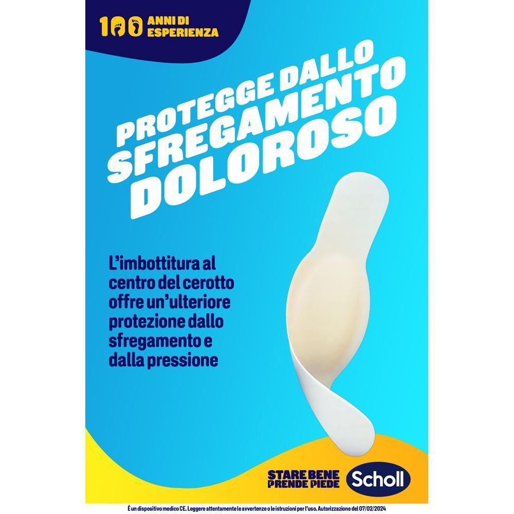 Un singolo cerotto Scholl per vesciche che si curva. Testo in italiano sulla protezione dall'attrito.