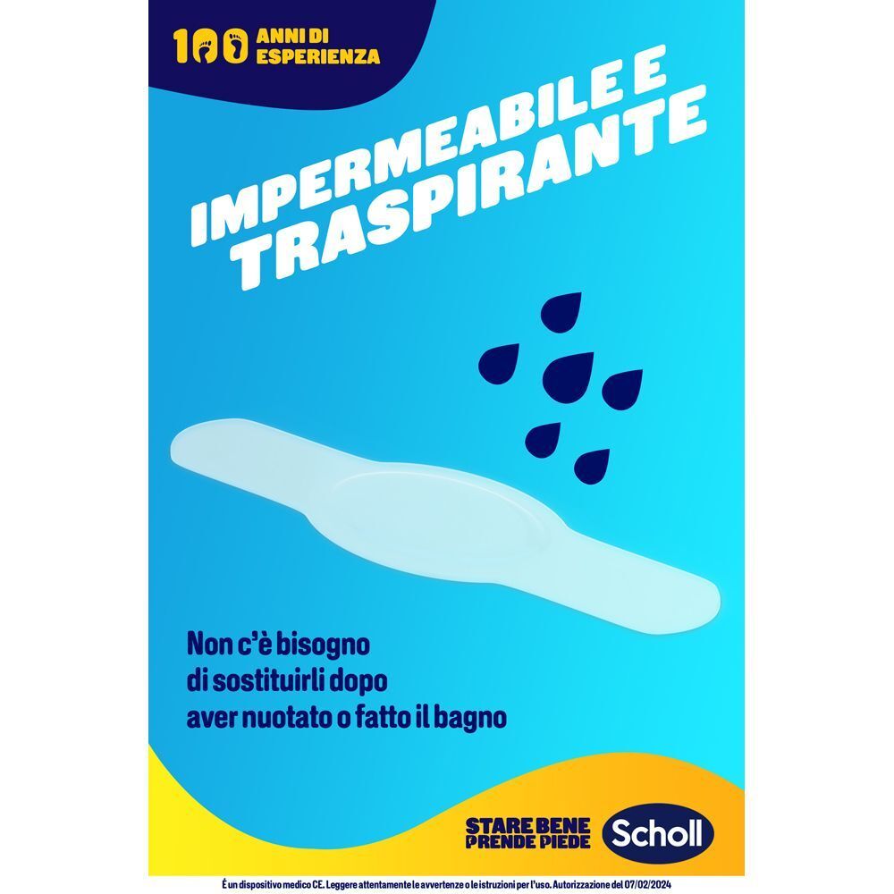 Un cerotto Scholl per vesciche con gocce d'acqua sopra. Testo in italiano sulle proprietà impermeabili e traspiranti.