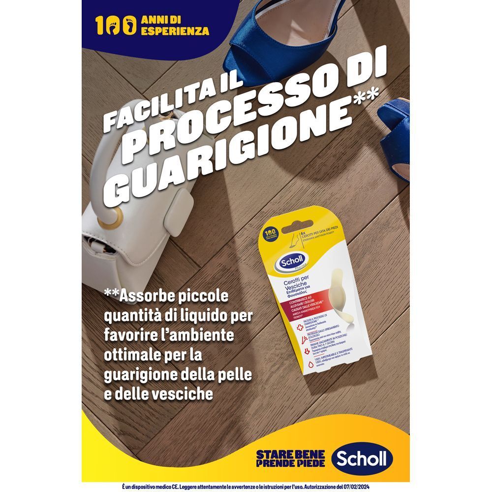 Un cerotto Scholl per vesciche su una confezione, circondato da scarpe. Testo in italiano sul processo di guarigione delle vesciche.