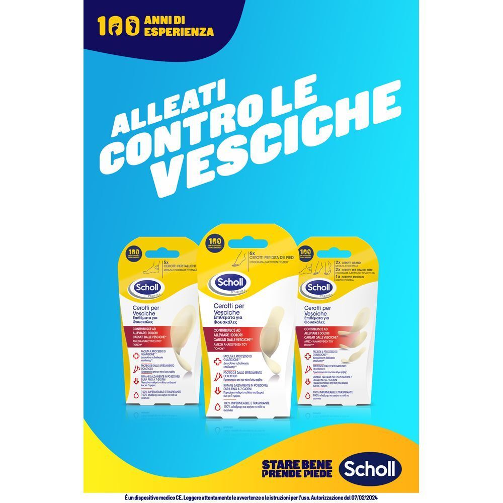 Tre confezioni di cerotti Scholl per vesciche sulle dita dei piedi. Gancio giallo, confezione bianca con scritte rosse.