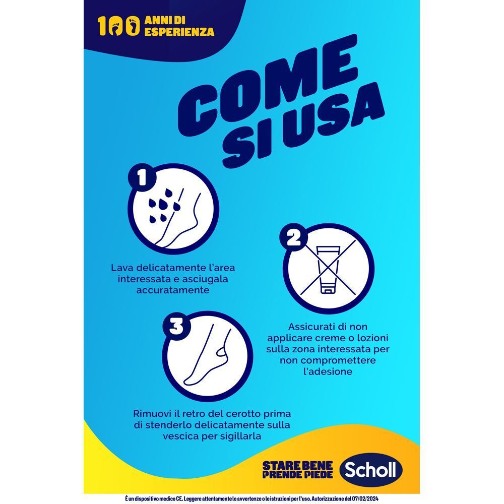 Istruzioni per l'uso dei cerotti per vesciche Scholl.
