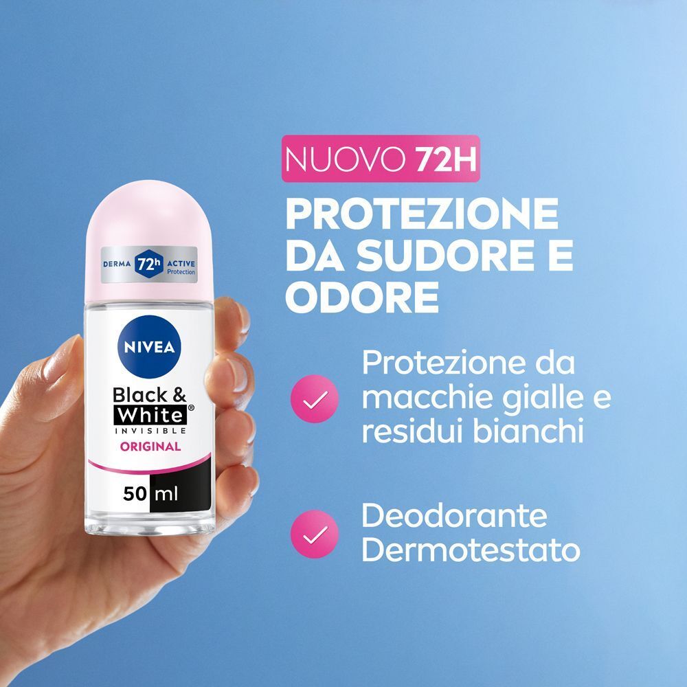 Deodorante roll-on Nivea Black & White Invisible Original in mano, protezione 72h da sudore e odore.
