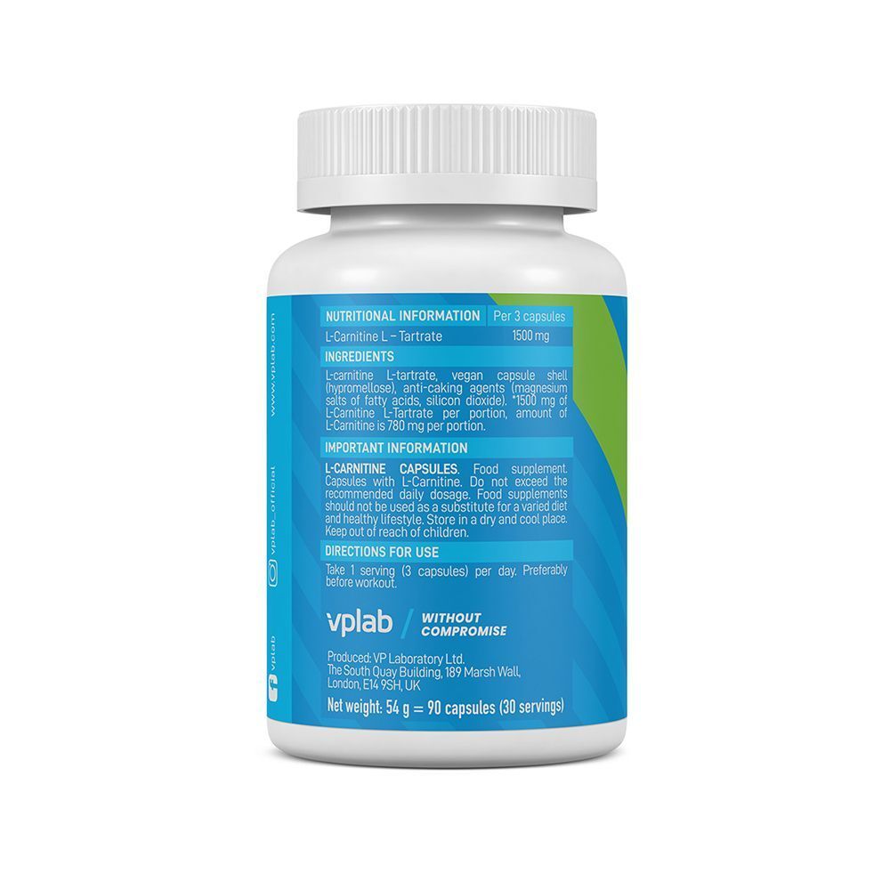 Retro di un flacone di capsule VPLAB L-Carnitina con informazioni nutrizionali e ingredienti.