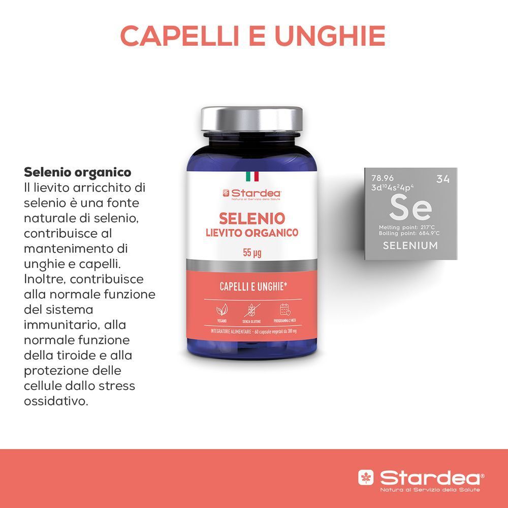 Flacone Stardea Selenio Lievito Organico con simboli per vegan, senza glutine e senza nanoparticelle.
