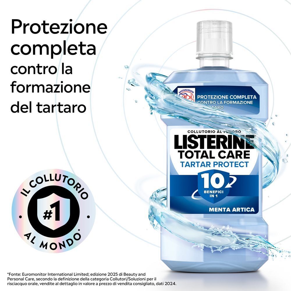 Collutorio Listerine Total Care Tartar Protect, 500ml, con effetti d'acqua e sigillo "Il collutorio N°1 al mondo".
