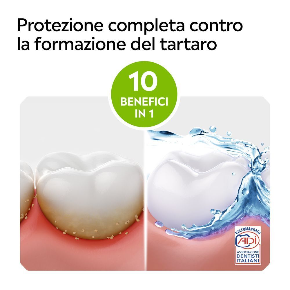 Confronto denti prima e dopo l'uso di Listerine Total Care Tartar Protect, che offre 10 benefici in 1.