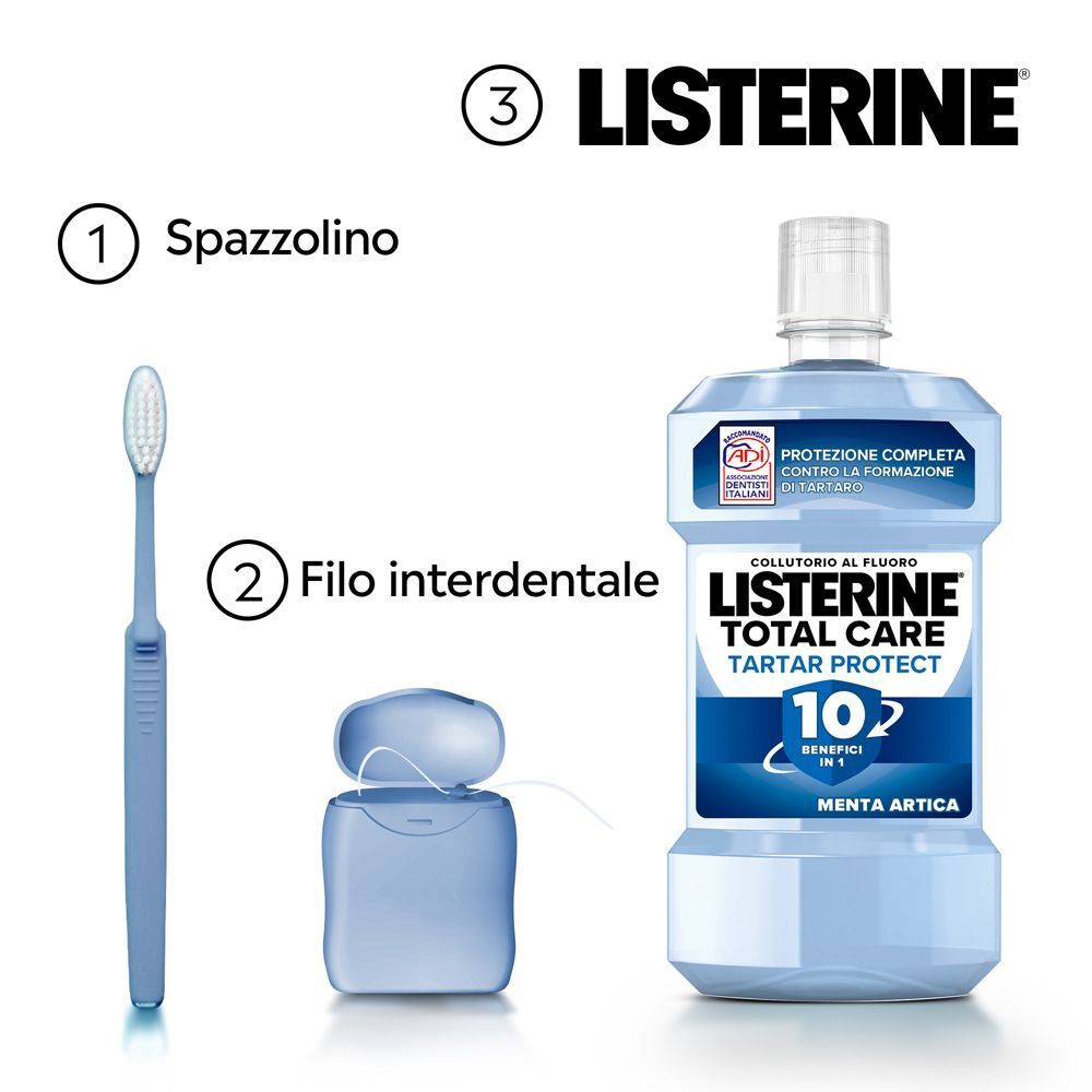 Collutorio Listerine Total Care Tartar Protect (500ml), spazzolino e filo interdentale come parte dell'igiene orale.