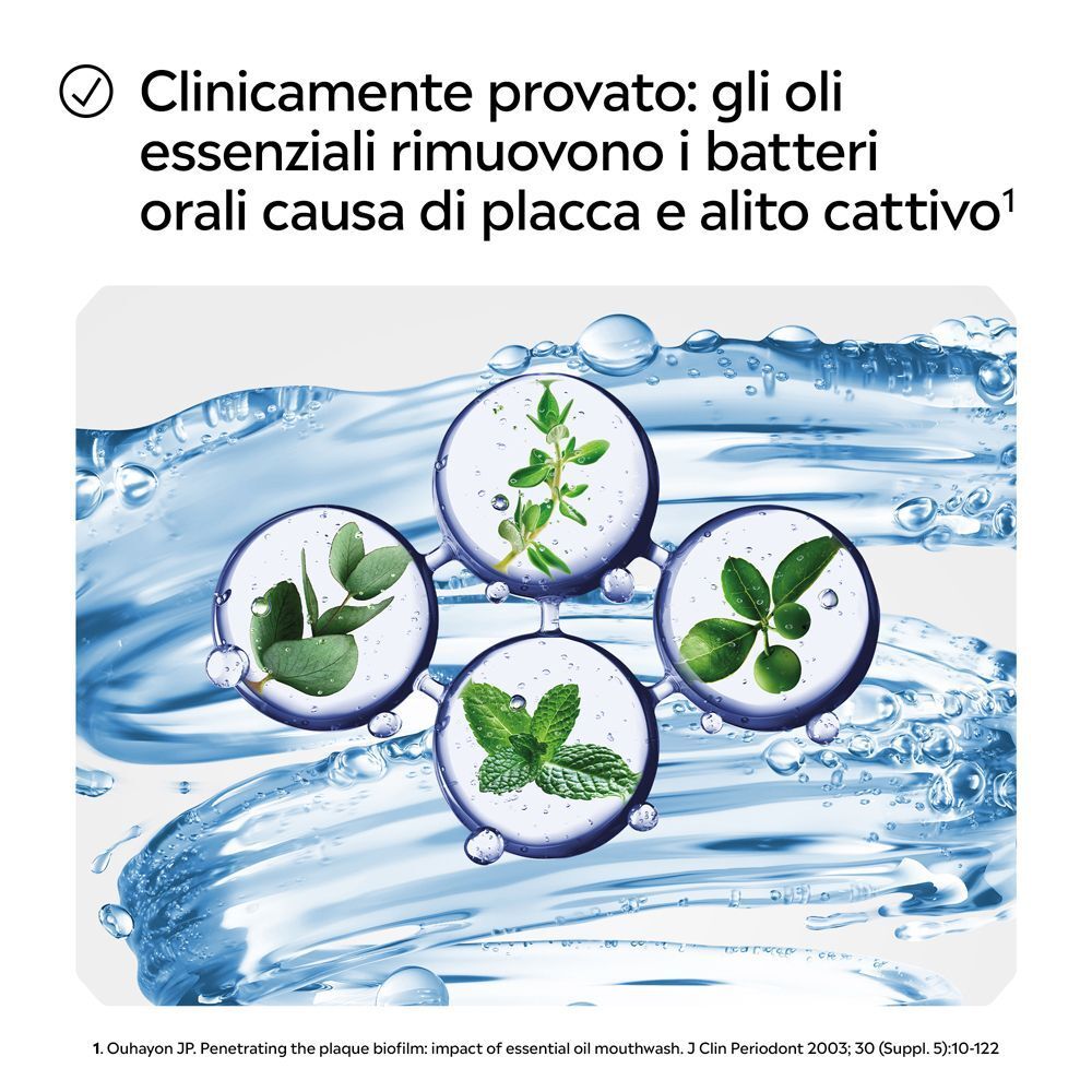 Oli essenziali in bolle che combattono placca e alito cattivo, come in Listerine Total Care Tartar Protect.