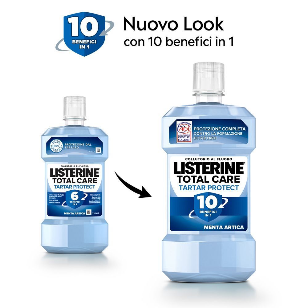 Confronto Listerine Total Care Tartar Protect: design aggiornato da 6 a 10 benefici in 1.