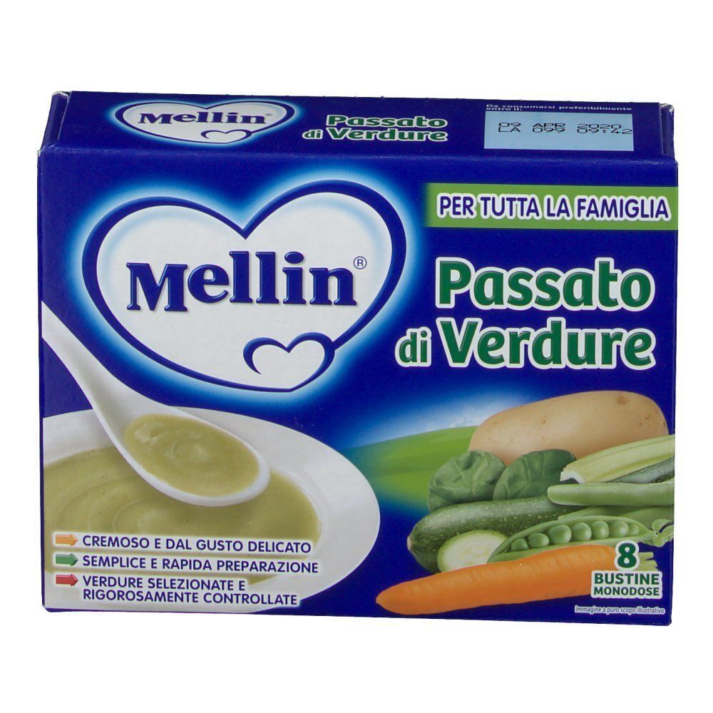 Mellin Passato di Verdure: confezione di passato di verdure con cucchiaio e verdure.