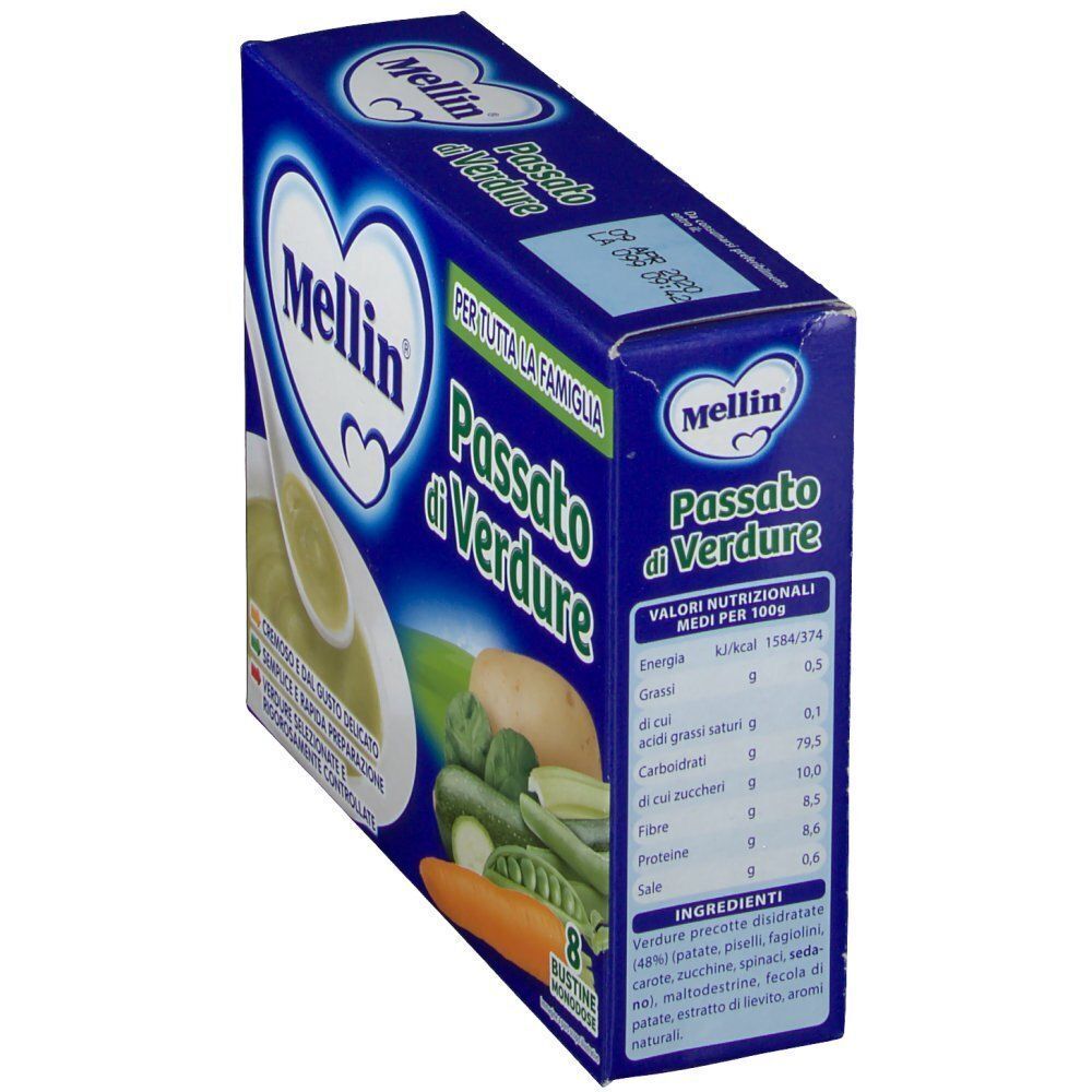 Una confezione di Mellin Passato di Verdure con valori nutrizionali e lista ingredienti.
