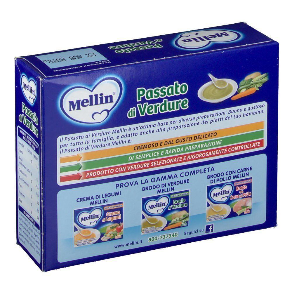 Retro di una confezione di Mellin Passato di Verdure con informazioni sul prodotto e altri prodotti Mellin.