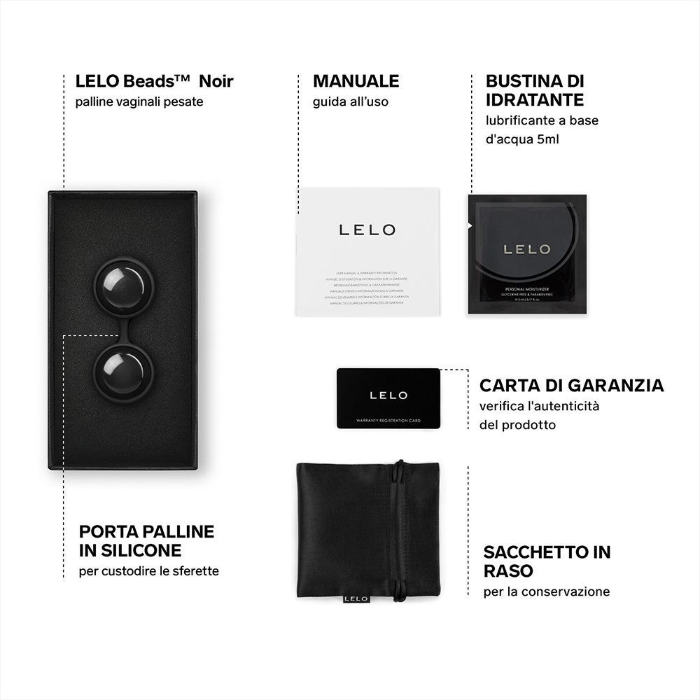 Contenuto della scatola LELO Beads Noir: sfere, manuale, lubrificante, carta garanzia, sacchetto.