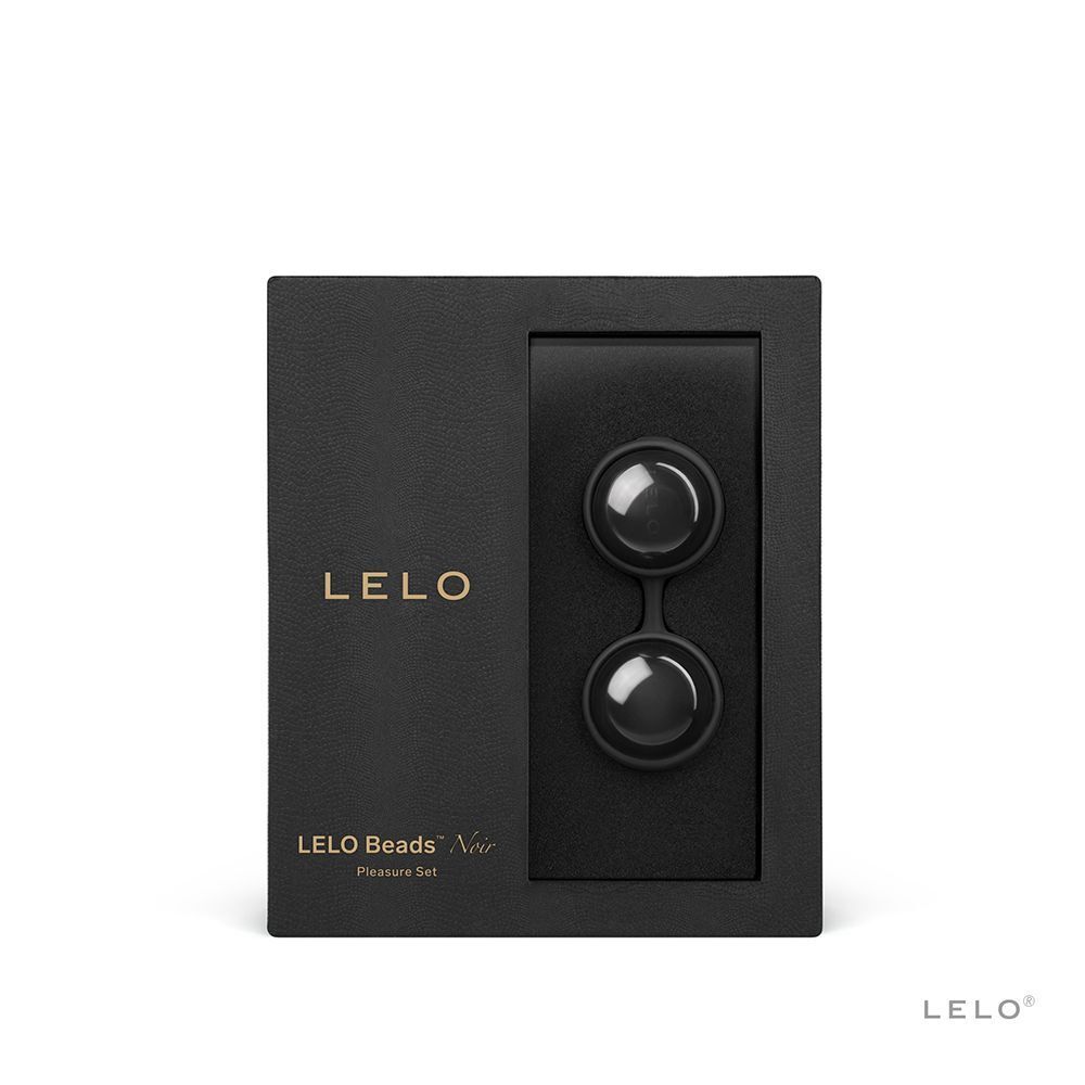 LELO Beads Noir in confezione regalo nera, con due sfere e logo LELO.