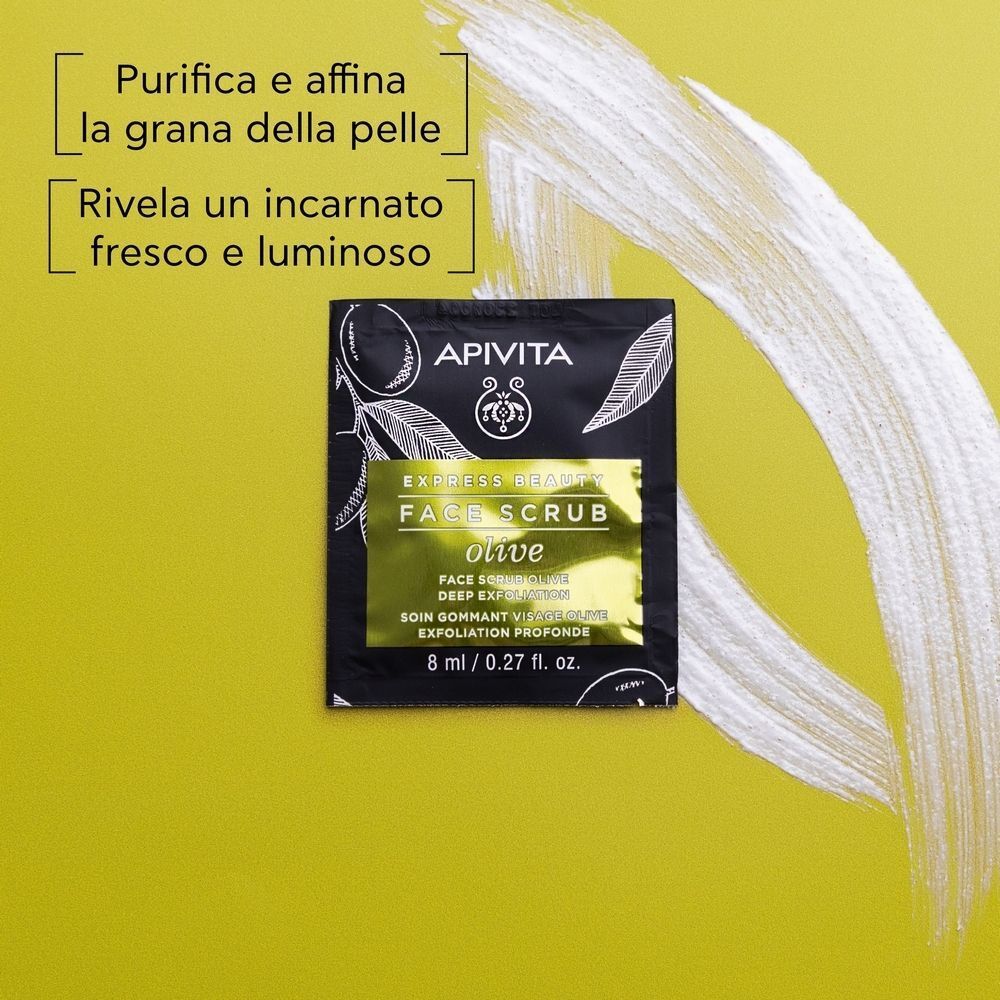 APIVITA EXPRESS BEAUTY Scrub Viso con Oliva, 8 ml, su sfondo giallo.